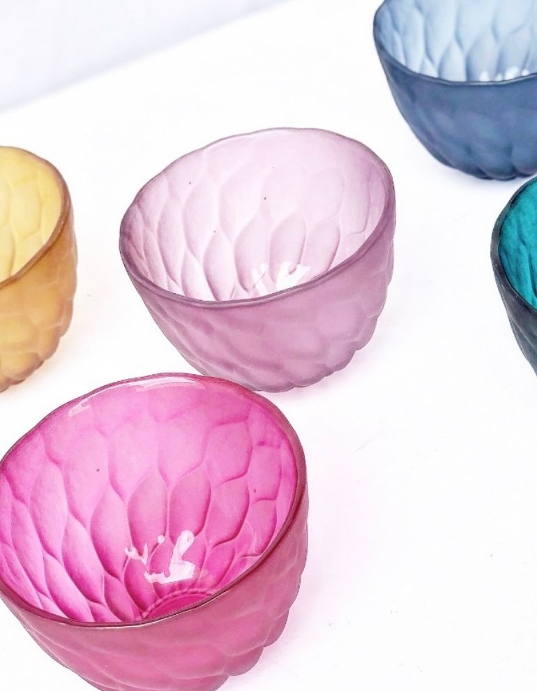 COLORFUL ETCHED GLASS TEA LIGHT CUPS