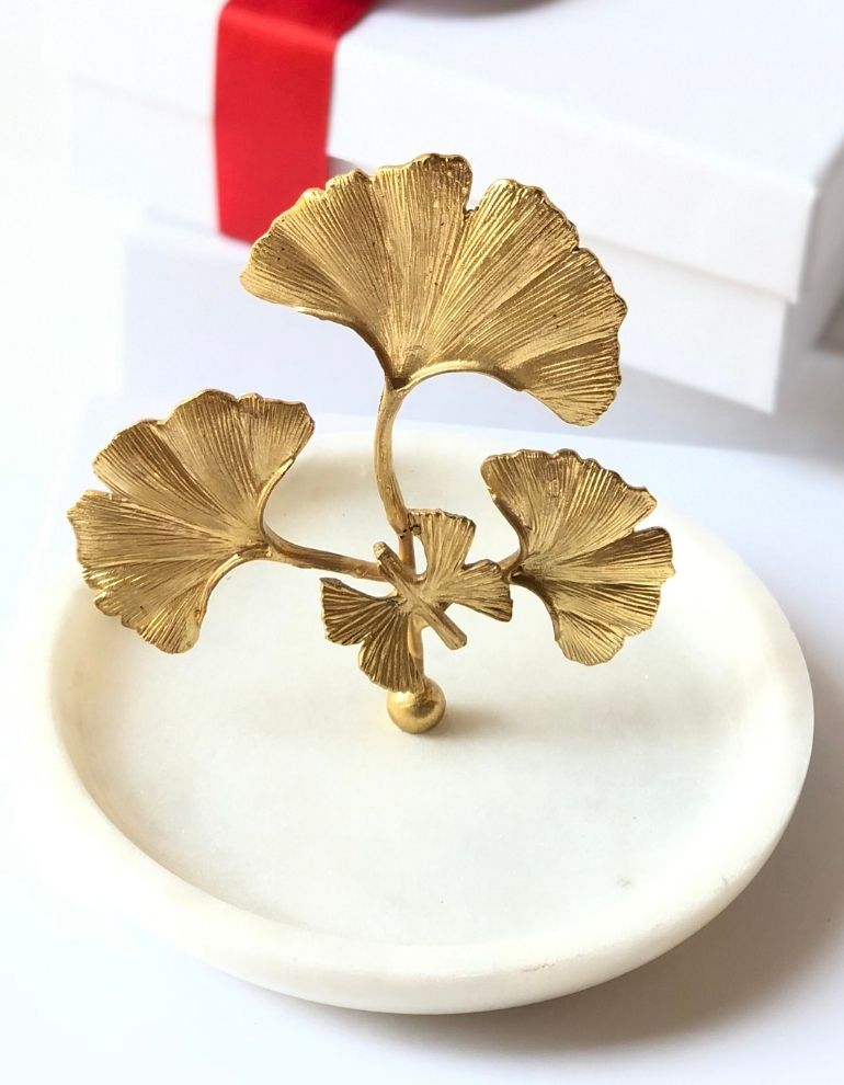 Gold gingko leaf & marble jewelry holder