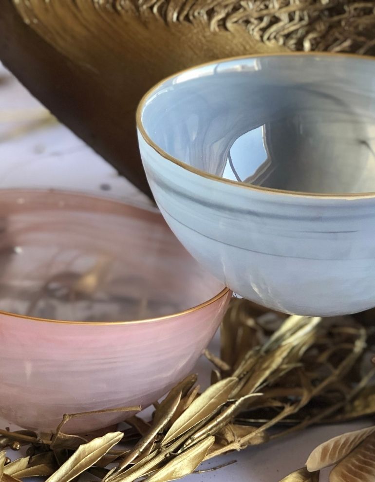 Pastel Glass Bowls with Gold Rim