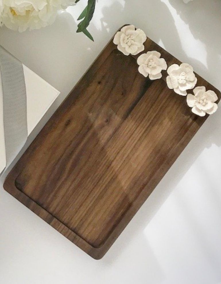 Wood & Ceramic Flower Vanity Tray